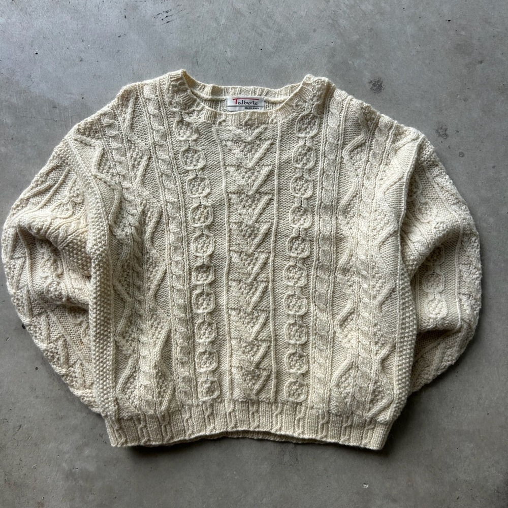 Talbots Vintage Hand Knit Wool Cable Sweater Cream Ivory Fisherman S